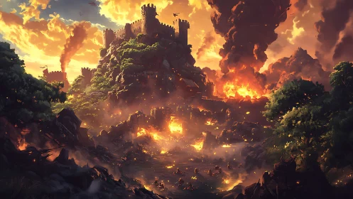 Medieval Fortress Engulfed in Apocalyptic Inferno With Volumetric Fire Effects