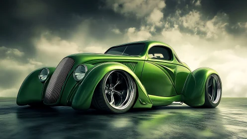 Green retro hot rod glows against dramatic stormy sky