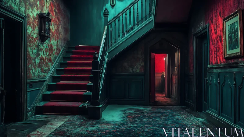 Deserted Victorian stair hall with red carpet and teal paneling