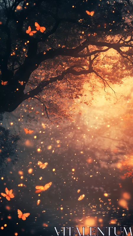 Backlit forest canopy with glowing butterflies and volumetric bokeh field