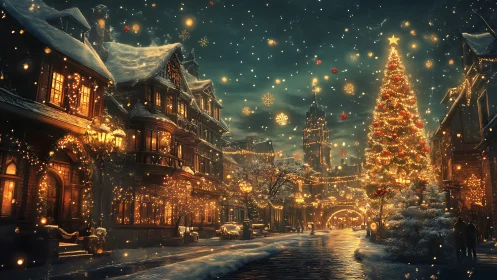 Snow-covered town street with illuminated Christmas tree scene.