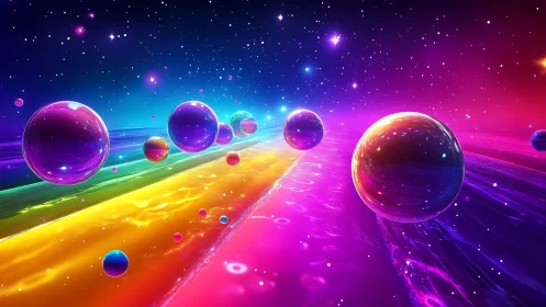 Prismatic orbs drifting above radiant cosmic riverscape.