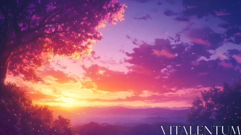 Chromatic gradient sunset under volumetric foliage canopy.