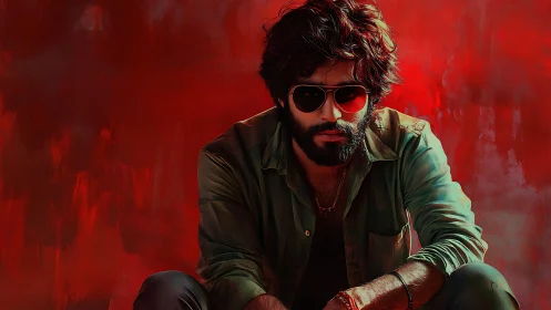 Bearded man in sunglasses before red abstract backdrop.