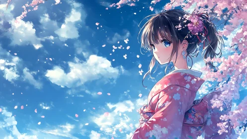 Anime girl in pink kimono under spring cherry blossoms.