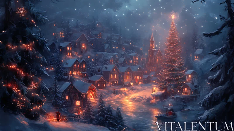 Cozy winter village wrapped in glowing holiday lights at night.