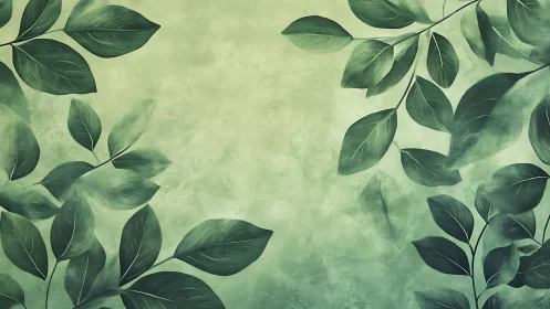 Green leafy branches framing soft textured background.