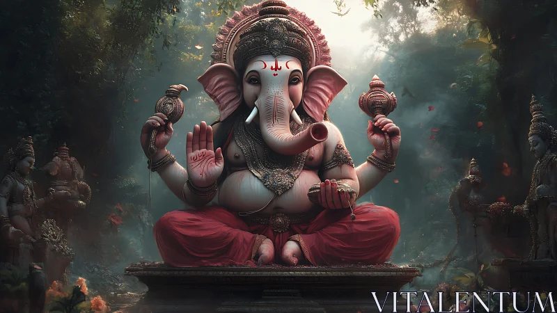 Elephant-headed deity statue rendered in dense forest setting