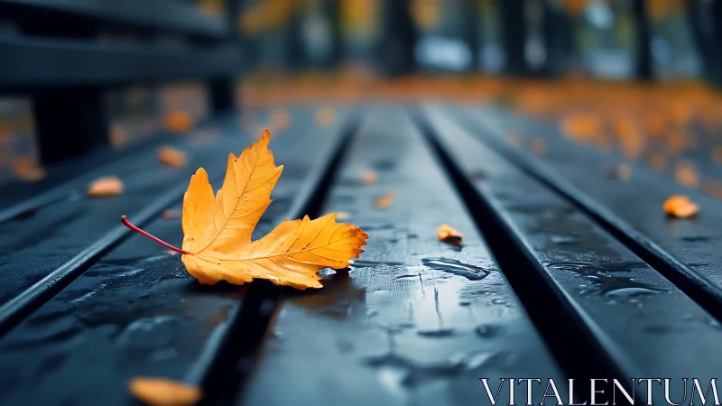 Orange autumn leaf on wet park bench in soft focus scene.