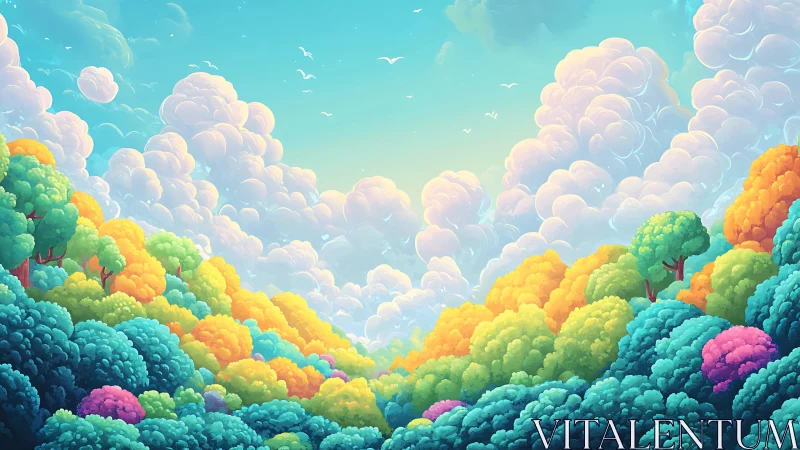 Vibrant Fantastical Landscape with Layered Clouds