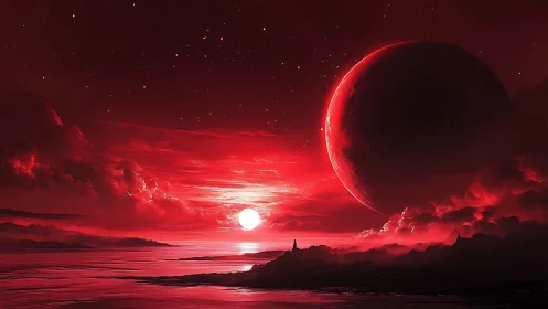 Digital painting of crimson alien seascape with eclipsing planet.