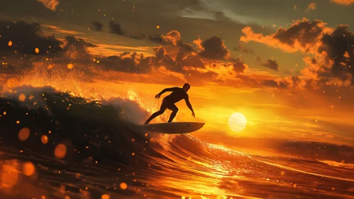 Surfer rides glowing wave against intense orange sunset sky
