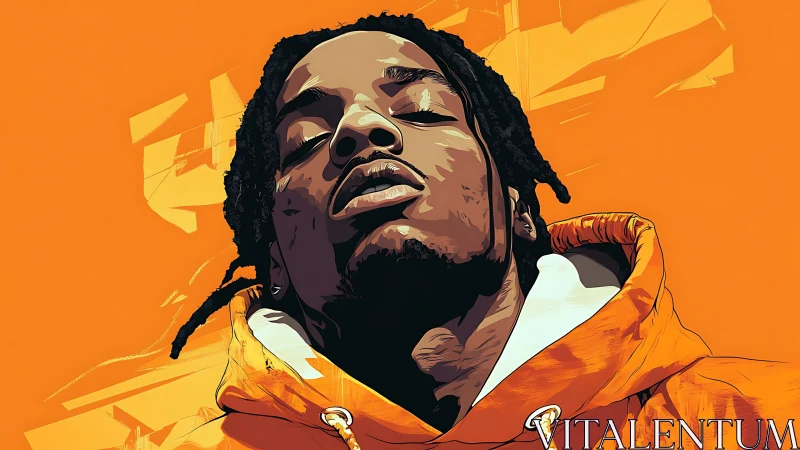 Sun-drenched street poet drifting in electric orange calm.