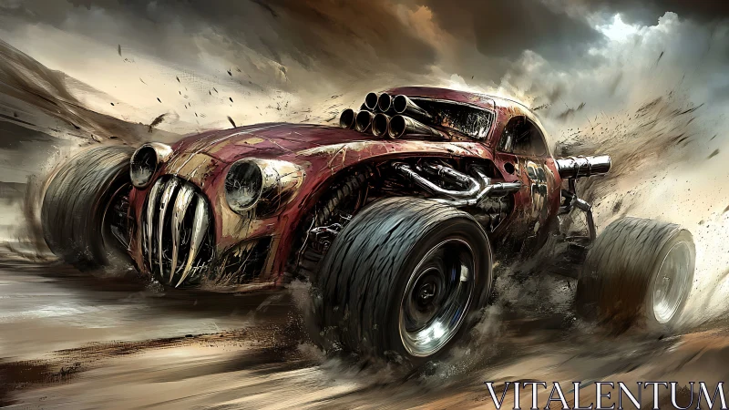 Post-apocalyptic turbocharged war car tears through desert dust