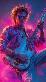 Neon lit rock guitarist in retro jacket and sunglasses.