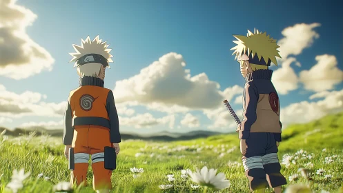 Anime boys stand in sunlit meadow under drifting clouds.