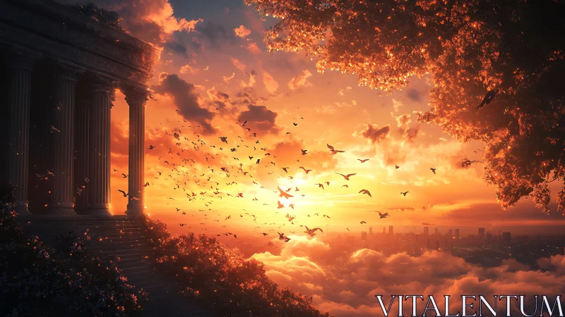 Sunlit neoclassical terrace overlooks cloud sea and distant skyline