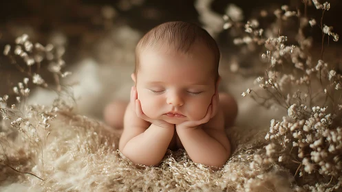 Newborn Portrait with Dried Floral Styling and Warm Tonal Lighting. Studio
