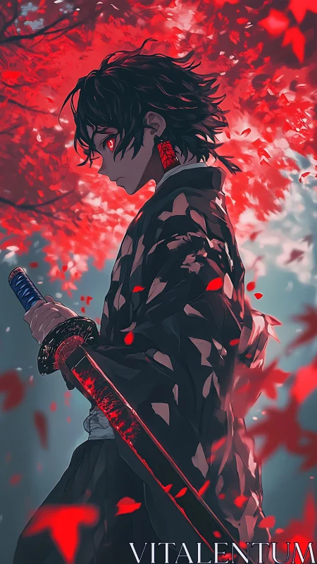 Anime swordsman under crimson maple canopy, side-lit profile.