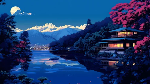 Moonlit lakeside temple glows beneath snowcapped peaks