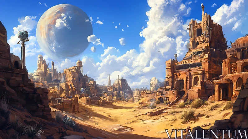 Desert planet city with towering ruins under vast sky.