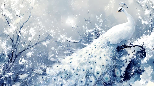 Winter peacock resting quietly among falling snowflakes.