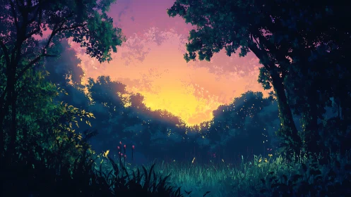 Luminescent Forest Canopy with Atmospheric Golden Sunset Gradient Through Dense Foliage