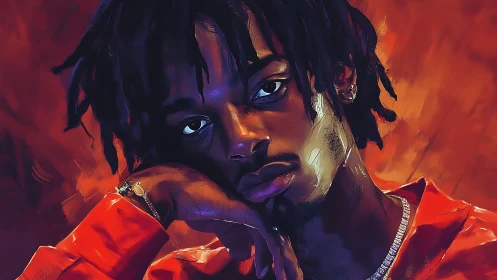 Restless gaze leans into firelit shadows and painted silence