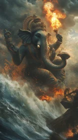 Mythic elephant‑headed deity amid stormfire and oceanic surge.