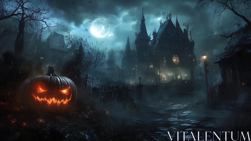 Jack o lantern grins before a moonlit haunted manor.