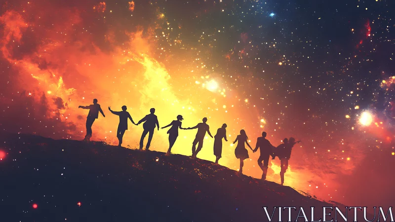 Stargazing together on a glowing cosmic hillside night.