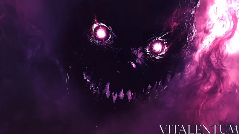 Digital painting of voidborne spectral maw in neon magenta haze.