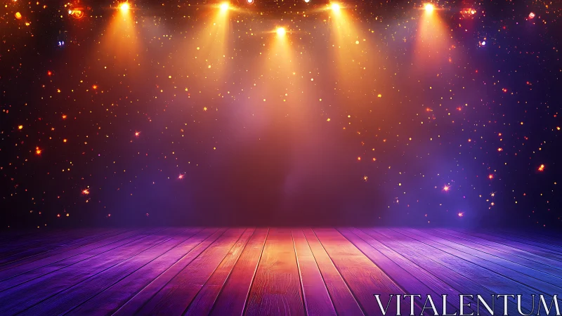 Wooden stage under golden spotlights with vibrant bokeh glow.