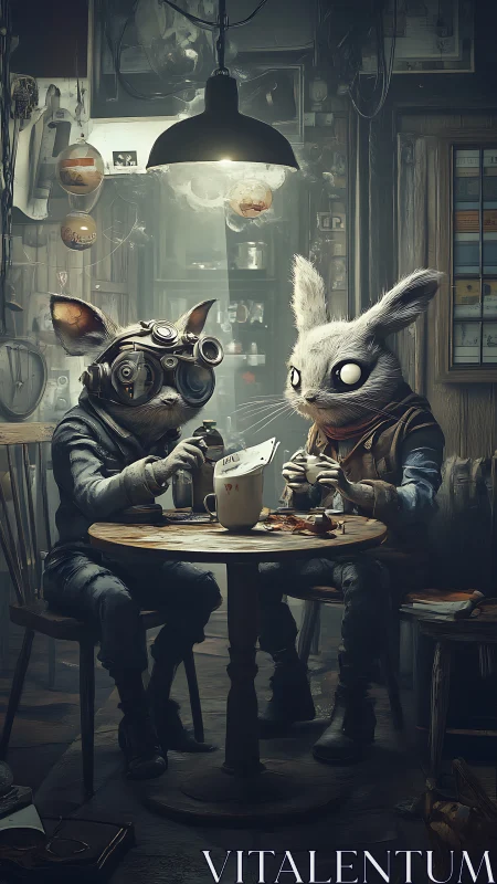 Cinematic digital painting of nocturnal tinkering animals at table.