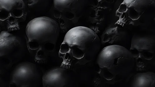 Black skull cluster forms dense overlapping cranial arrangement