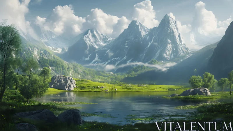 Snowcapped mountains above serene reflective valley lake.