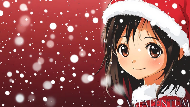 Anime girl in Santa outfit under stylized falling snow bokeh field