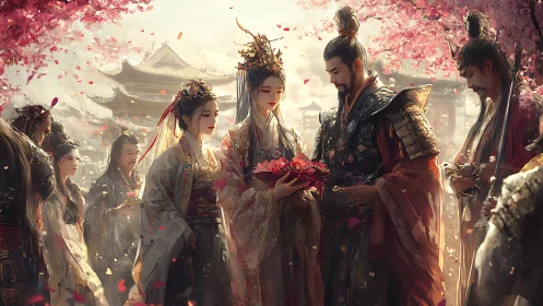 Imperial wedding tableau under cherry blossoms in painterly light