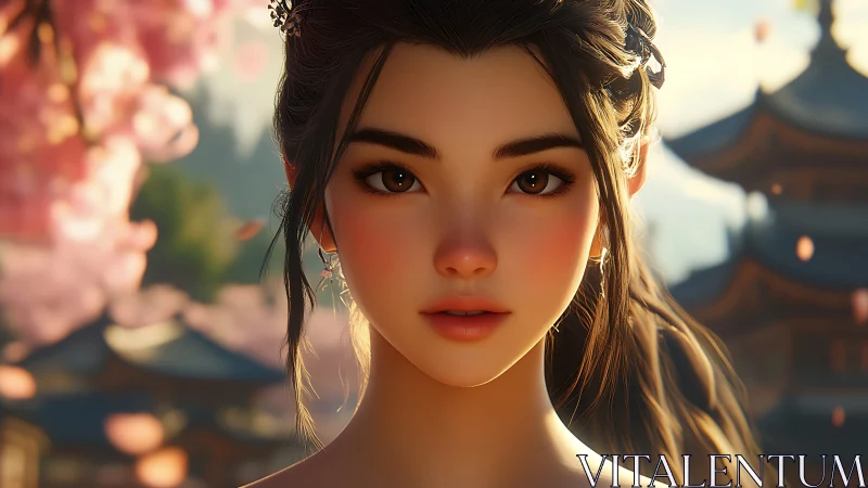 Anime heroine glows amid sunset cherry blossoms and pagoda