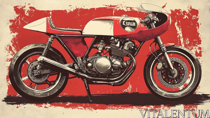 Vintage red cafe racer motorcycle in bold graphic style.