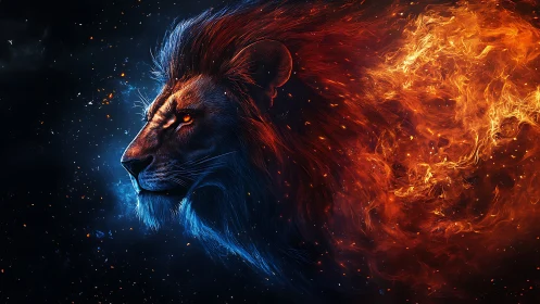 Majestic elemental lion emerges from fire and starlit void.