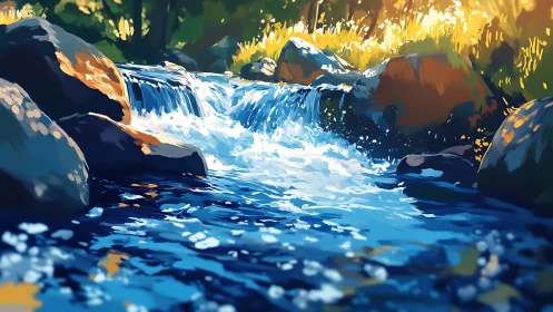 Sunlit forest stream cascades over rocks in vivid color.