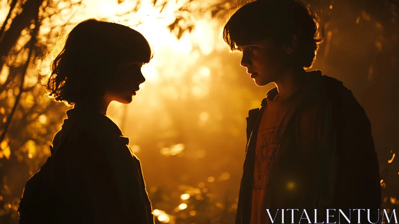 Silhouetted children facing each other in warm backlight.
