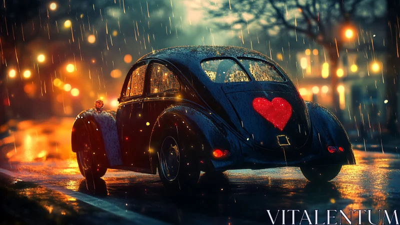 Vintage car with red heart emblem drives in wet night rain
