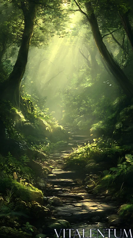 Luminescent Forest Ravine with Volumetric Light Through Canopy.