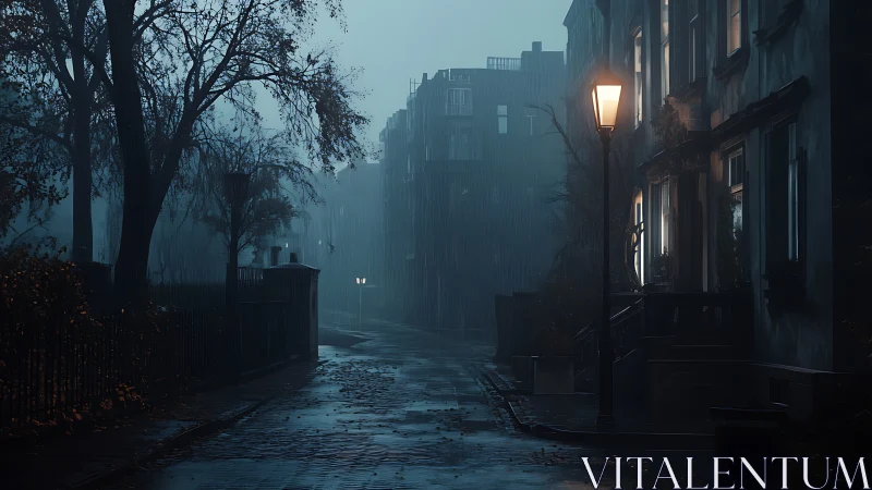 Rain soaked city street glows under solitary warm lamplight
