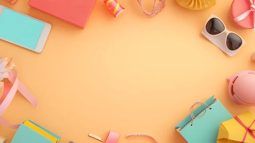 Pastel shopping accessories arranged around empty gradient backdrop