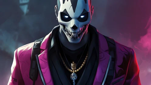 Neon-jacketed skull warden stalks through electric twilight