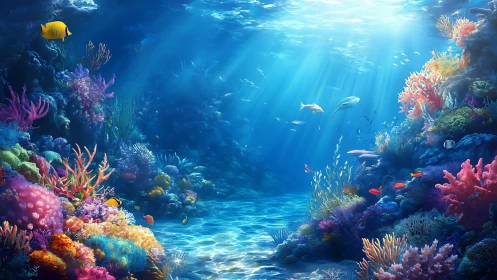 Sunlit coral reef with diverse fish and underwater terrain.