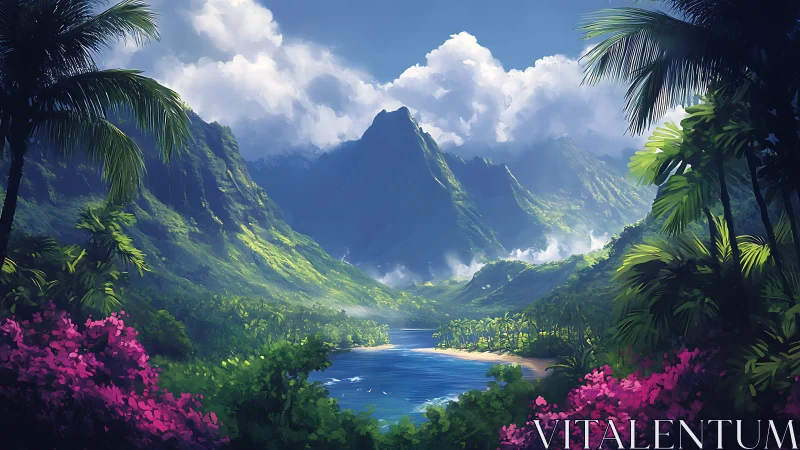 Tropical valley landscape with volumetric light and saturated foliage